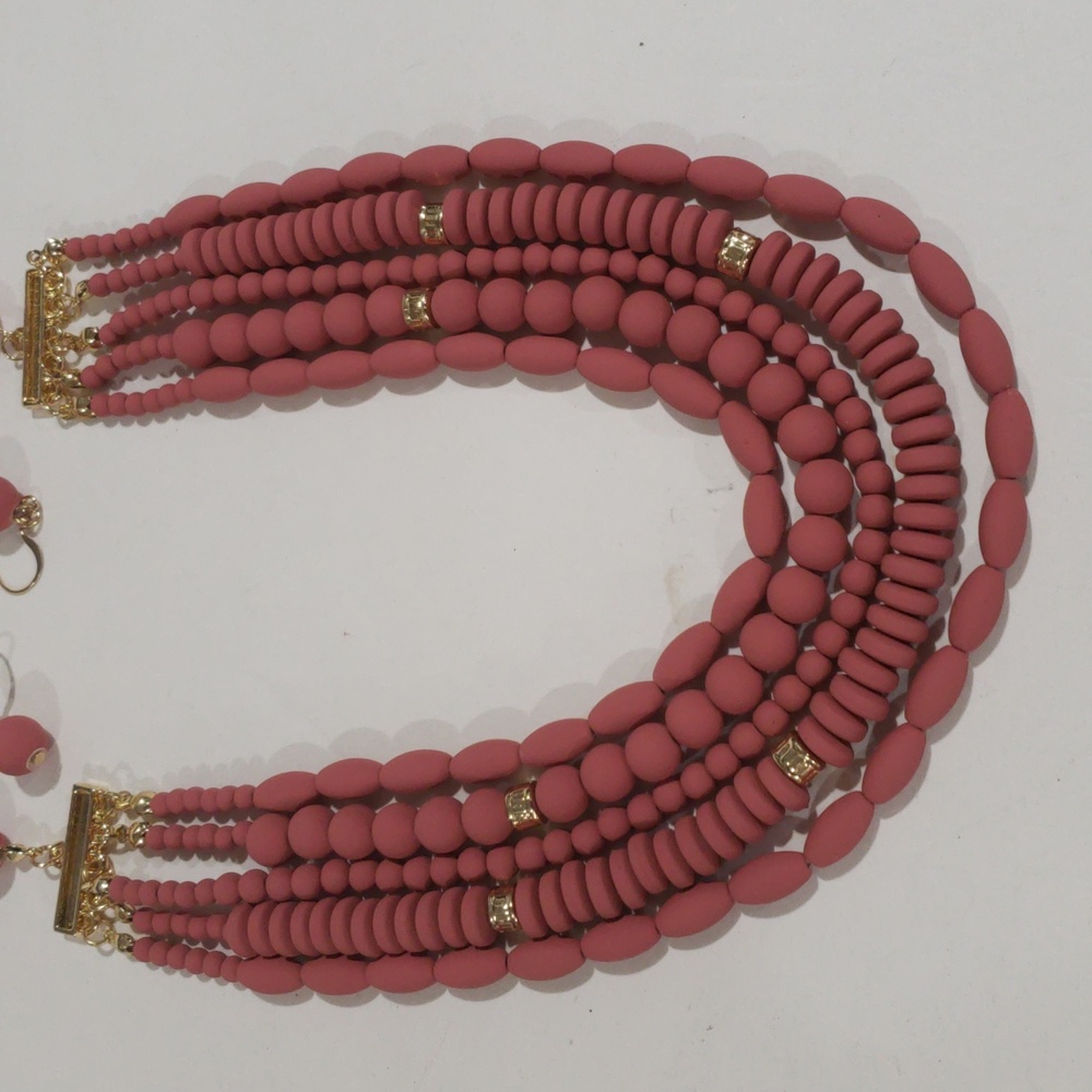Matte Coral Multi-Strand Necklace & Earrings Set – Gold Beaded Layered Statement - Picture 4 of 13